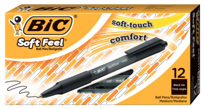 PENS, BALLPOINT, RETRACTABLE, BIC, SOFT FEEL, MEDIUM POINT, 1.0MM, BLACK INK, 12/CT LARGE